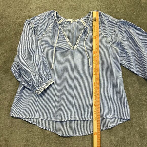 Melissa Nepton Olivia Blue & White Striped Peasant Top XL Crochet Boho Linen - Picture 2 of 10